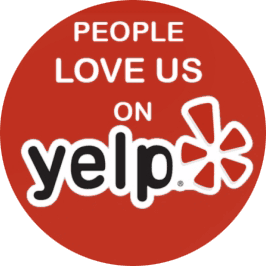 Yelp-Logo Red circle badge with the text "People love us on Yelp," the Yelp logo with a starburst—Viviana's Asphalt Expert Asphalt Services is proud to be highly rated by our customers.