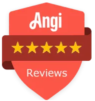 angi Red shield badge with "Angi Reviews" text and a row of five yellow stars symbolizing a 5-star rating.