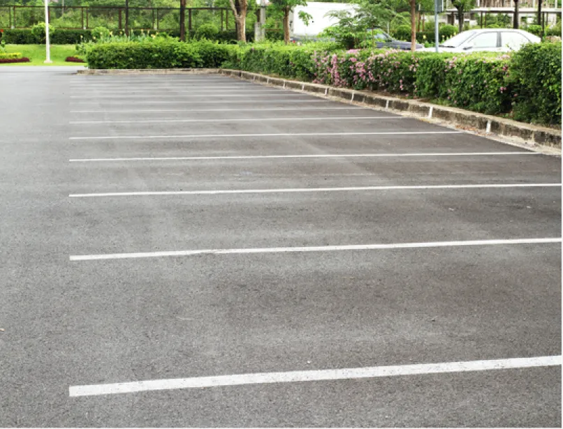 Empty outdoor parking lot with marked spaces, greenery, and a few cars partially visible in the background.